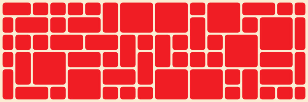 Geometric background with Vibrant red geometric  pattern rounded squares. Abstract shapes of smooth rectangles stained glass style mosaic pattern for trendy landing page with black border lines