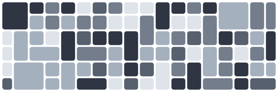 Geometric background with monochrome rounded squares. Abstract shapes of smooth rectangles stained glass style mosaic pattern for trendy landing page with black border lines.