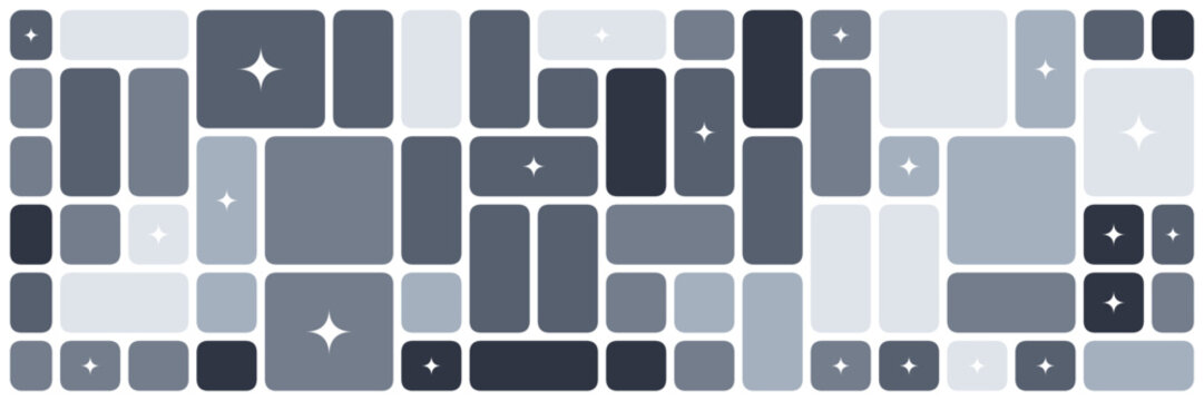 Geometric background with monochrome rounded squares. Abstract shapes of smooth rectangles stained glass style mosaic pattern for trendy landing page with black border lines.