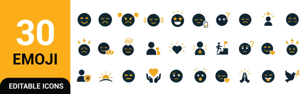 Creative emotion and mood icon set featuring happy, sad, angry, surprised, confused, grateful, supportive, and expressive facial symbols for communication, mental wellness, and user feedback designs.