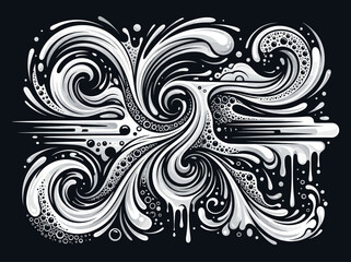 Fototapeta premium Abstract White Liquid Splashes and Swirling Water Waves Illustration, Dynamic Fluid Motion Design Element on Black Background