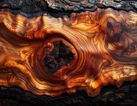 A polished wooden surface with swirling patterns and a knothole