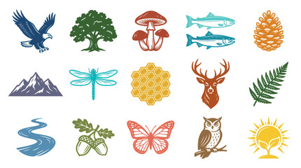 Obraz premium Nature Icons Set: Eagle, Tree, Mushroom, Fish, Pinecone, Mountains, Dragonfly, Honeycomb, Deer, Fern, River, Acorns, Butterfly, Owl, Sun