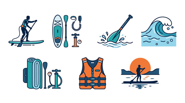 Stand Up Paddleboard Gear and Water Sports Illustrations