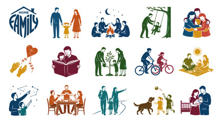 Naklejka premium Family Life Icons Set - People, Activities, Home, Love, Childhood