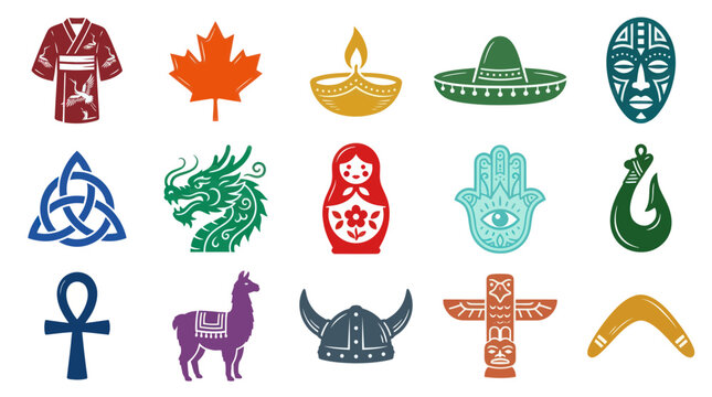 Diverse Cultural Symbols Vector Icons: Flat Design, Global Collection