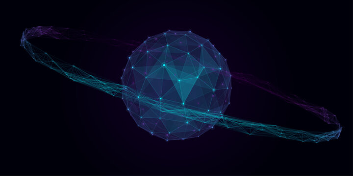 Sci-fi blue and purple plexus sphere planet abstract background for futuristic technology presentation and web banner