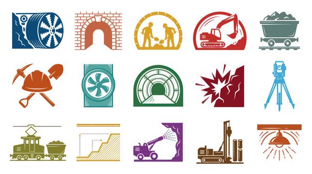 Mining Industry Flat Icons: Equipment, Safety, and Operations Set