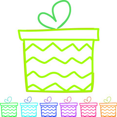 Obraz premium Hand drawn gift box with vibrant orange line pattern and green heart shaped bow, simple doodle style vector icon evoking love, celebration, giving, and special occasions
