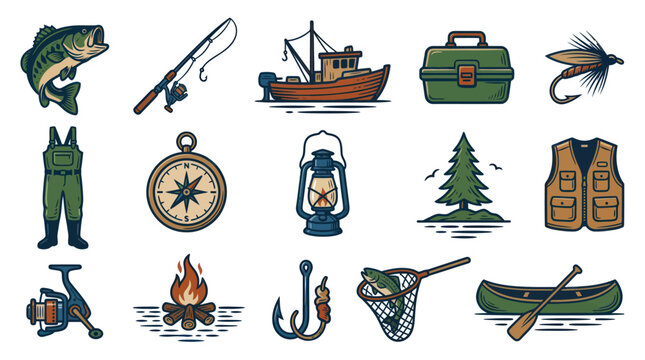 Flat Fishing Icons Set - Bass Fish, Rod, Boat, Tackle Box, Fly