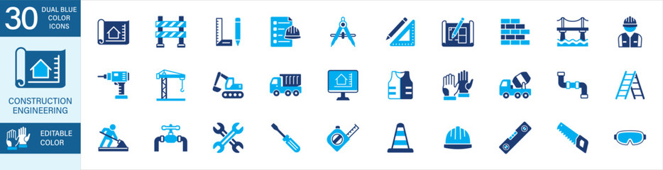 Construction and architecture blue color icon set. Contains icon symbol of engineer, worker, blueprint, draft, crane, power tools, safety, excavator, dump truck, cement mixer, roadwork, plumbing. © Mutinah