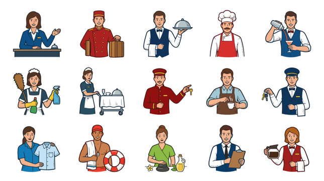 Hospitality Icons: Hotel Staff, Service People, Waiters, Concierge, Chef Flat Design
