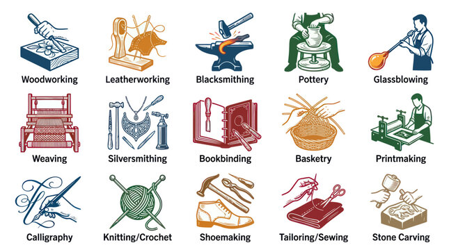 Vector Icons of Crafts and Trades - Woodworking, Pottery, Blacksmithing