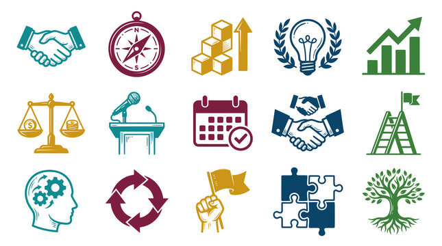 Business Management Strategy Flat Design Icons Set. Finance, Growth, Idea, Leadership, Success, and Collaboration Concepts.