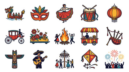 Fototapeta premium Festive Cultural Celebrations Icons - Vector Art