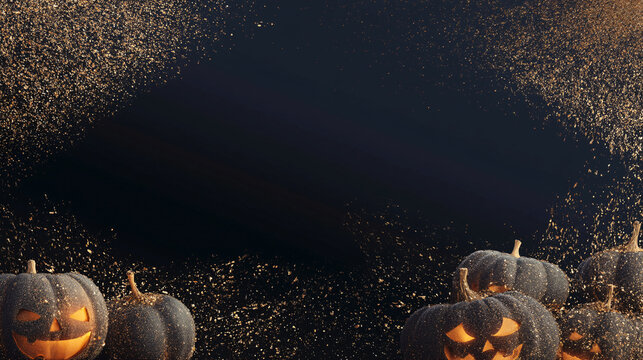Abstract dark Halloween background with pumpkins and lanterns, with copy space, horizontal banner