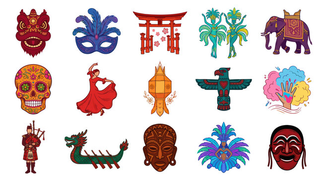 Diverse Cultural Icons Collection: Traditional Symbols and Art Styles