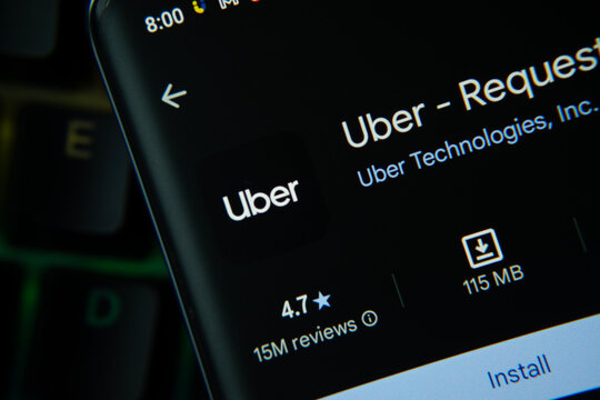 Dhaka, Bangladesh- 27 July 2025: Uber app from Google Playstore is displayed on a smartphone screen.