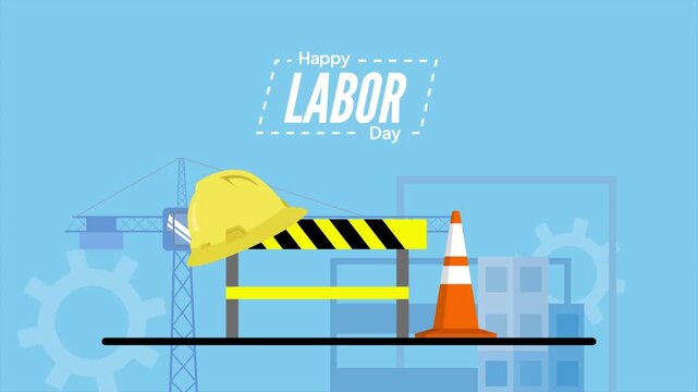 Yellow construction barrier and orange cone. Labor day concept. Full length Icon animation illustration. High quality&nbsp;4k&nbsp;footage