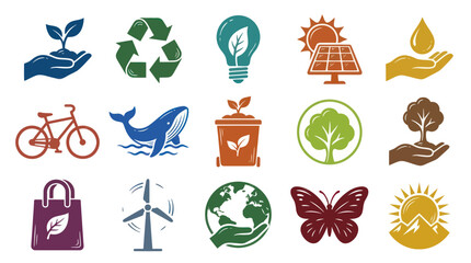 Fototapeta premium Flat Eco Icons: Nature, Recycling, Energy, Sustainable Living, Earth, Wildlife