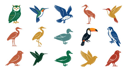 Fototapeta premium Flat Vector Avian Species Icons Collection. Wildlife Nature Birds Set for Ecology and Zoology Designs.