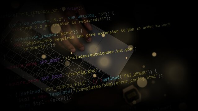 Software Developer Hands Typing Programing Code on Keyboard with Digital Overlay and Bokeh Lights.