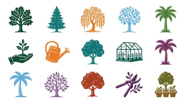 Garden icons set: trees, watering can, greenhouse, secateurs, seedlings, palm trees