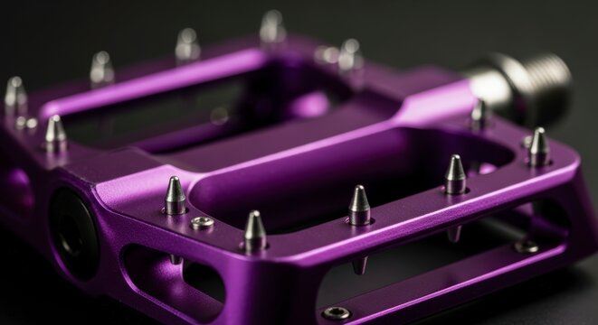 Close-up of a vibrant purple bicycle pedal with sharp metal pins.