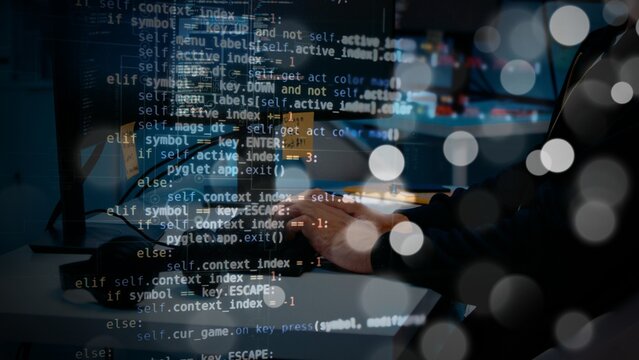 Software Developer Hands Typing Programing Code on Keyboard with Digital Overlay and Bokeh Lights.