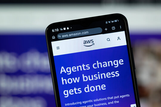 Dhaka, Bangladesh - 05 May 2026: Close-up of Amazon AWS's homepage on a smartphone.
