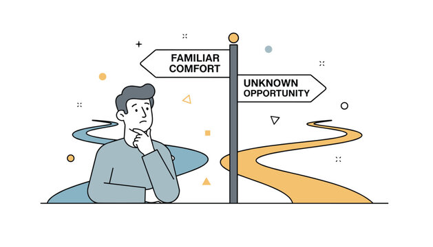 Thoughtful man standing at a crossroad sign choosing between familiar comfort and unknown opportunity on two paths.