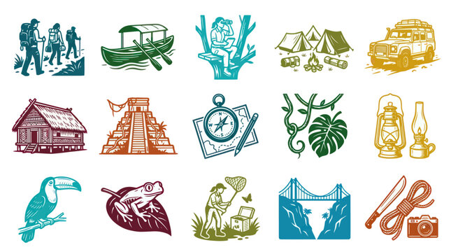 Collection of Travel and Adventure Icons - Jungle, Camping, Expedition  Discovery Style