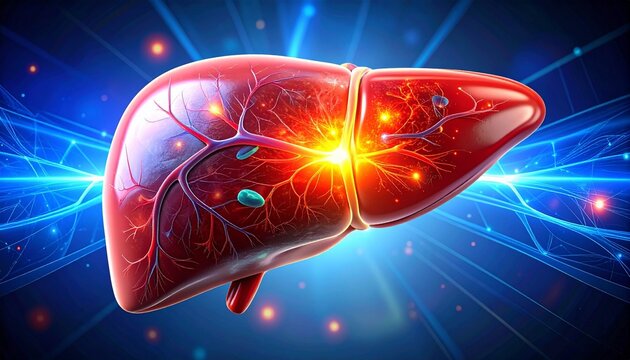 Digital anatomical visualization of human liver with glowing vascular highlights, symbolizing blood flow, function, and medical insight into organ health.