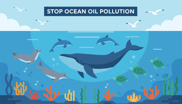 Underwater marine life scene featuring a whale, dolphins, and turtles with a message to stop ocean oil pollution.