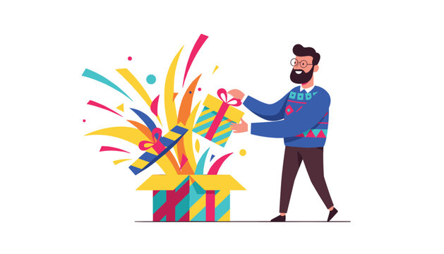 Happy man wearing glasses and a sweater opening a gift box with colorful confetti and streamers exploding out.