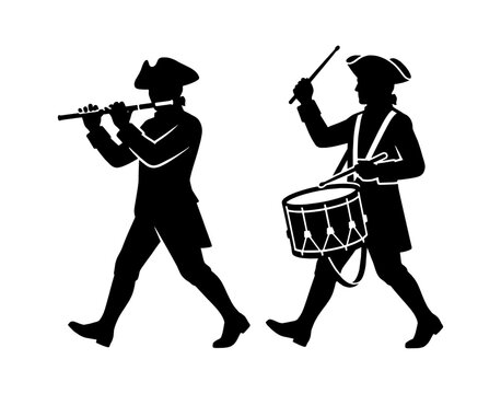 Black silhouette of two colonial soldiers marching and playing a flute and a drum isolated on transparent background, Vector