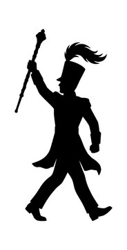 Black silhouette of a drum major marching and holding a baton up high isolated on transparent background, Vector