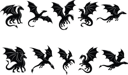 Black dragon silhouette set fantasy flying creature mythical monster vector graphic isolated on white background © VactorZone