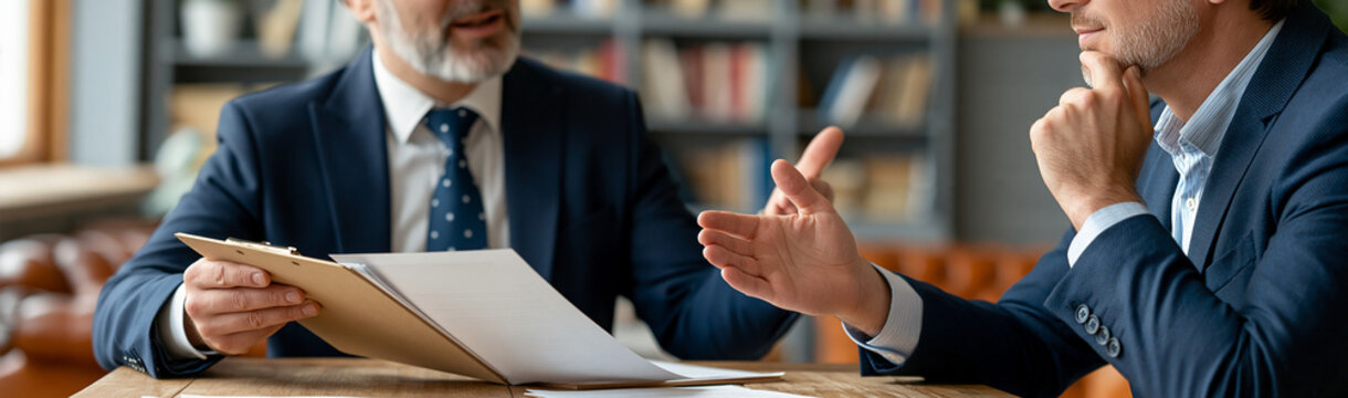 Strategic Discussion: Two businessmen in sharp suits engage in a focused discussion over documents, possibly in a modern office or co-working space, highlighting collaboration and decision-making.