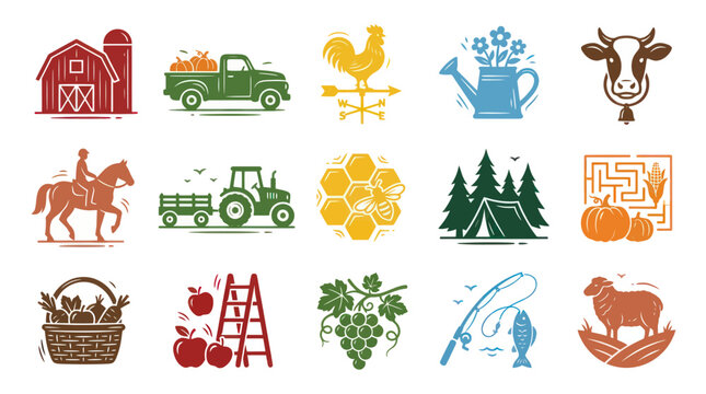 Farm Life Icons Set: Barn, Tractor, Cow, Horse, Rooster, Fishing, Produce