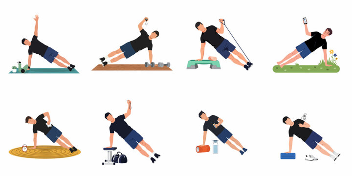 Set of flat vector illustrations of a man performing side plank exercise variations in different settings with various fitness equipment.
