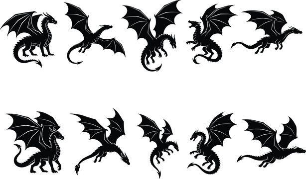 Black dragon silhouette set fantasy flying creature mythical monster vector graphic isolated on white background