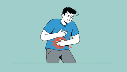 Fototapeta premium Young man is feeling unwell and holding his stomach in pain while sweating on a light blue background to represent illness or digestive issues.