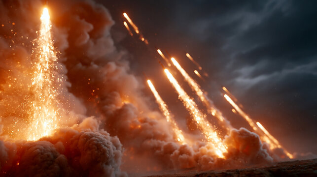 Apocalypse Sky: A dramatic scene of fiery projectiles raining down from a stormy, ominous sky, illuminating the dark clouds with intense orange light and smoke.