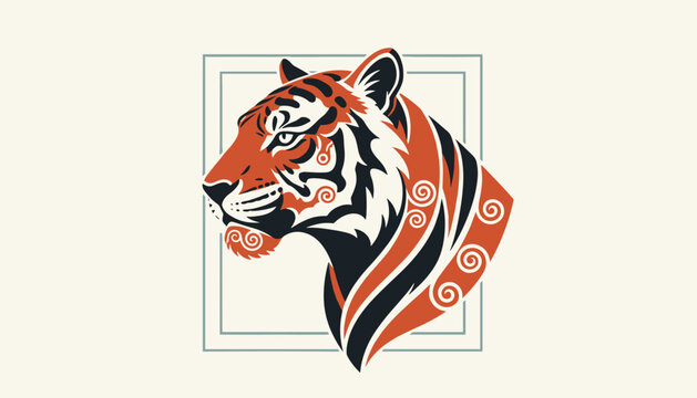 Powerful and detailed illustration of a tiger head is shown in profile with traditional orange and black patterns within a simple rectangular frame.