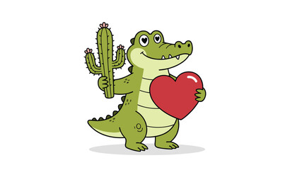 Obraz premium Cute green crocodile is smiling while holding a flowering cactus in one hand and a large red heart in the other for a sweet and funny message.