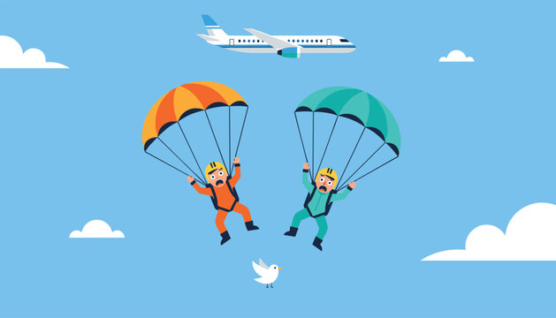 Two nervous parachutists are jumping from a plane while a white dove flies peacefully between them in the blue sky with white clouds in the day.