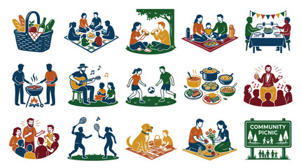 Fototapeta premium Lifestyle Outdoor Picnic and Community Gathering Flat Vector Illustration Icons Set