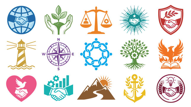 Colorful Flat Vector Icons Collection for Business Partnership, Social Concepts, and Abstract Values Symbols