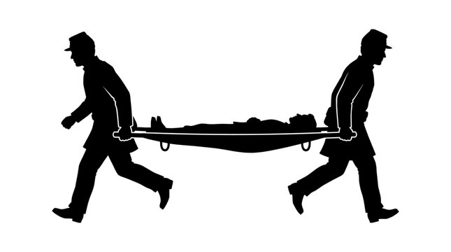 Black silhouette of two paramedics carrying a patient on a medical stretcher for emergency rescue service isolated on transparent background, Vector
